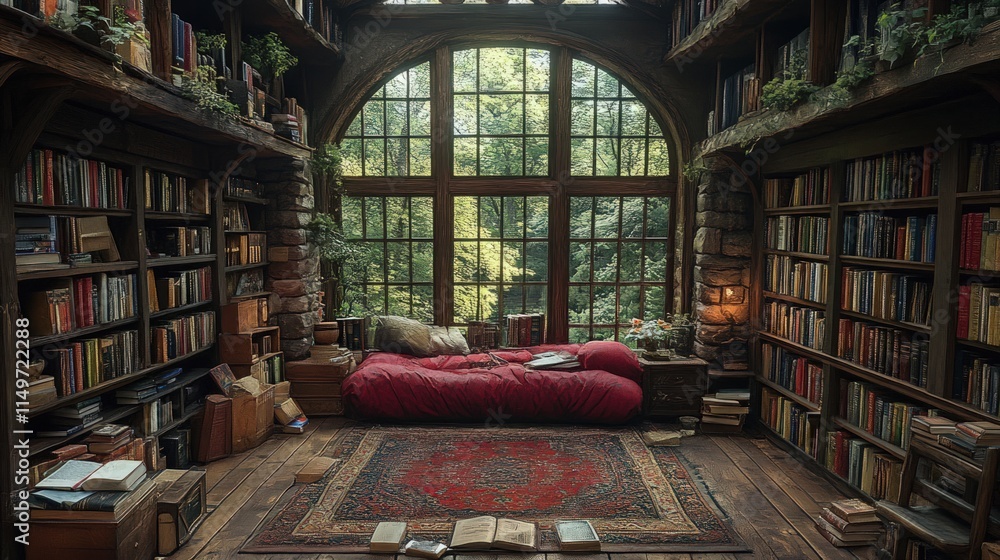 Rustic library, bookshelves, arched window, forest view. Rustic library, bookshelves, arched window, forest view.