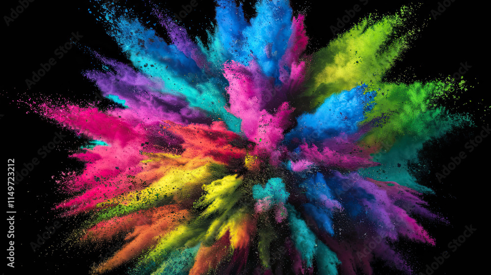 Vibrant Explosion of Colors Against a Black Background, Ranging from Deep Blues and Purples to Bright Pinks, Yellows, and Greens, Resembling a Cloud of Dust or Powder Dispersing in Various Directions Vibrant Explosion of Colors Against a Black Background, Ranging from Deep Blues and Purples to Bright Pinks, Yellows, and Greens, Resembling a Cloud of Dust or Powder Dispersing in Various Directions
