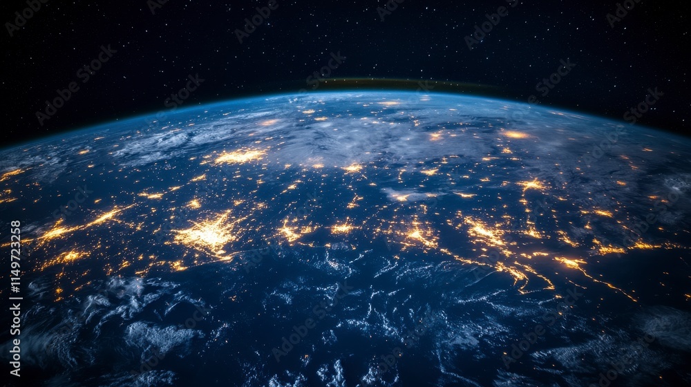 Fototapeta premium Earth's city lights shimmer below. 3D render. Sci-fi. Futuristic. Technology. Space exploration.