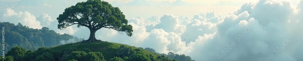 A lone military oak tree tower above the clouds in a misty forest, majestic, branches A lone military oak tree tower above the clouds in a misty forest, majestic, branches