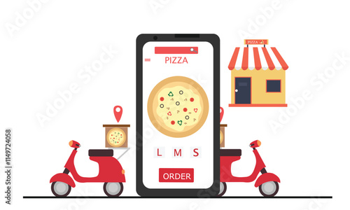 Online pizza delivery concept. Food online order with smartphone, Flat vector illustration.