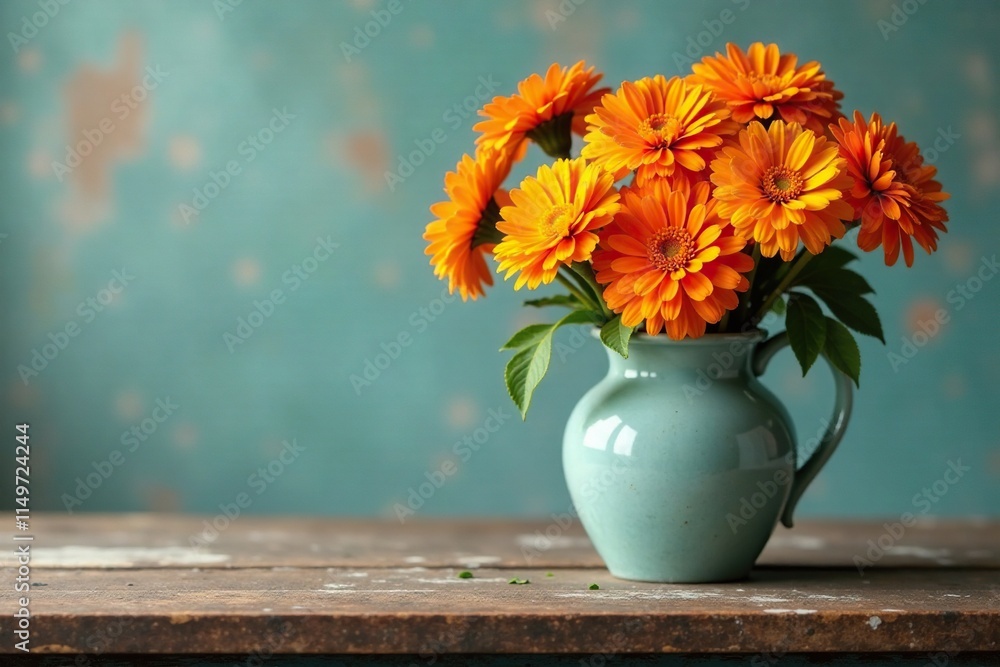 A vase filled with bright orange marigolds and placed on a distressed wooden table, rustic furniture, home decor, orange flowers A vase filled with bright orange marigolds and placed on a distressed wooden table, rustic furniture, home decor, orange flowers