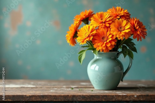 Wallpaper Mural A vase filled with bright orange marigolds and placed on a distressed wooden table, rustic furniture, home decor, orange flowers Torontodigital.ca