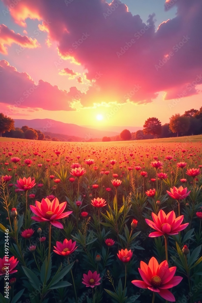 Obraz premium a vast expanse of sun-kissed flowers and tall grasses against a stunning sunset sky, landscape, pink