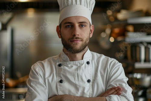 Fototapeta Naklejka Na Ścianę i Meble -  Professional chef stands proudly in a busy restaurant kitchen, exuding confidence and culinary expertise