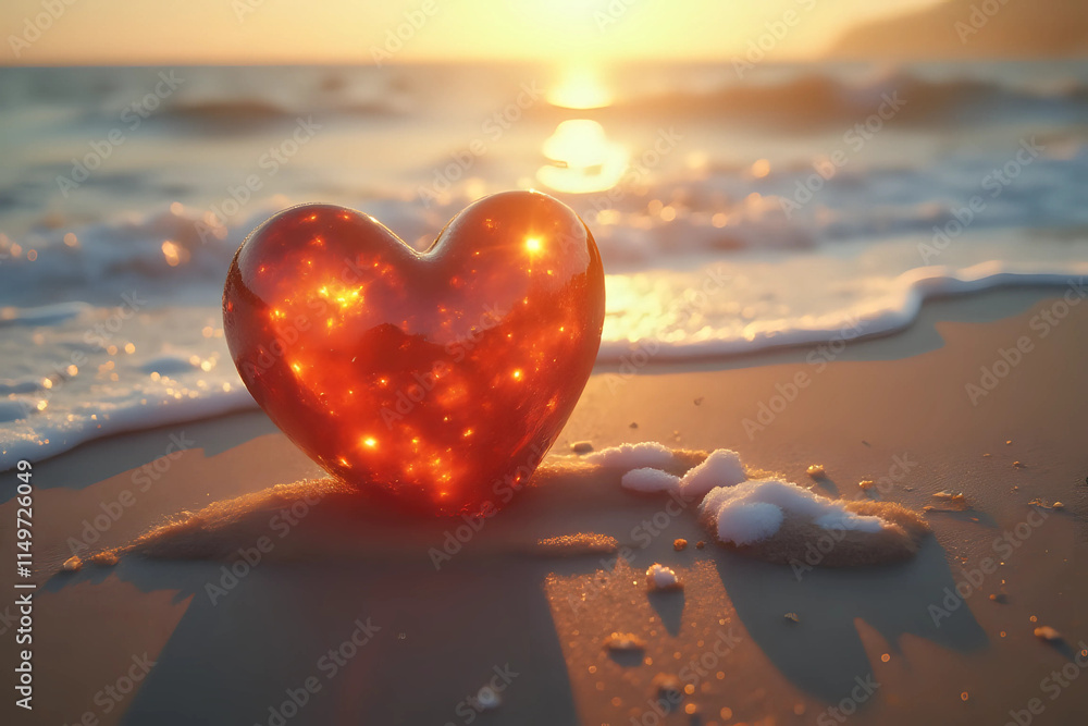 Fototapeta premium A resin heart rests on the wet beach sand, touched by the waves and illuminated by the golden light of sunrise. This image evokes feelings of romance and love