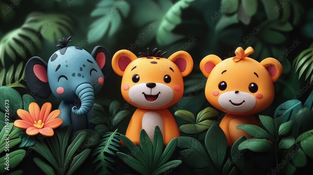 Naklejka premium Cute animal figurines nestled in lush foliage.