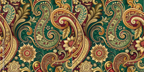 Ornate paisley design with intricate floral patterns in rich colors.