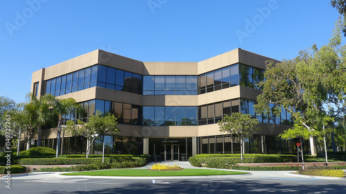 High-end commercial office building with large windows and concrete panels at highway corner in Glendora, California, modern architecture. silhouette of an office building in a sunset
