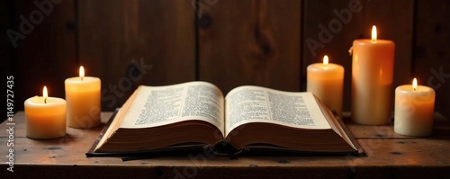 Wallpaper Mural Altar with candles and old book on wooden pedestal, wooden, book Torontodigital.ca