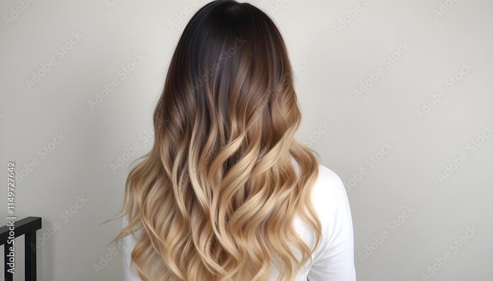 Long, wavy hair with an ombre effect transitioning from dark brown at the roots to a light blonde at the tips, viewed from the back. The background is a plain light color Long, wavy hair with an ombre effect transitioning from dark brown at the roots to a light blonde at the tips, viewed from the back. The background is a plain light color