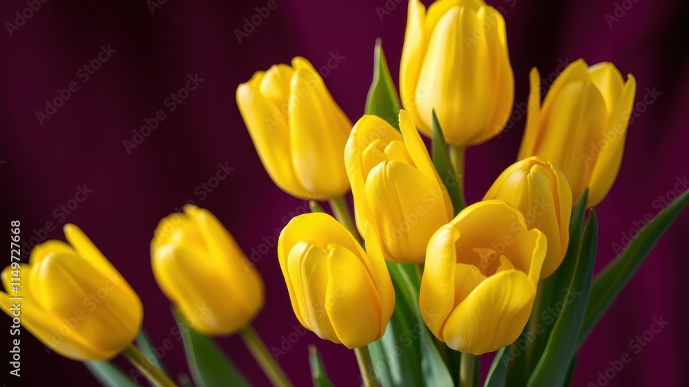 A vibrant bouquet of sunny yellow tulips against a rich purple backdrop, showcasing the delicate beauty of springtime blooms A vibrant bouquet of sunny yellow tulips against a rich purple backdrop, showcasing the delicate beauty of springtime blooms