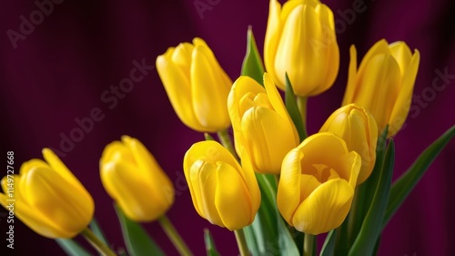 A vibrant bouquet of sunny yellow tulips against a rich purple backdrop, showcasing the delicate beauty of springtime blooms