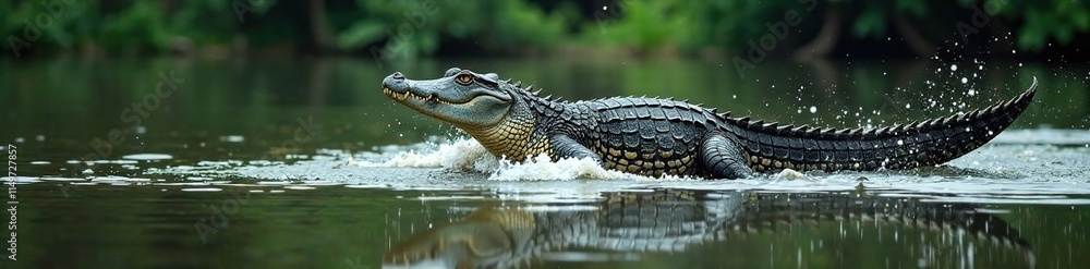 Fototapeta premium An alligator's powerful tail thrashes back and forth as it charges through the water, creating a massive ripple in the swampy surface, predator, lake, fish