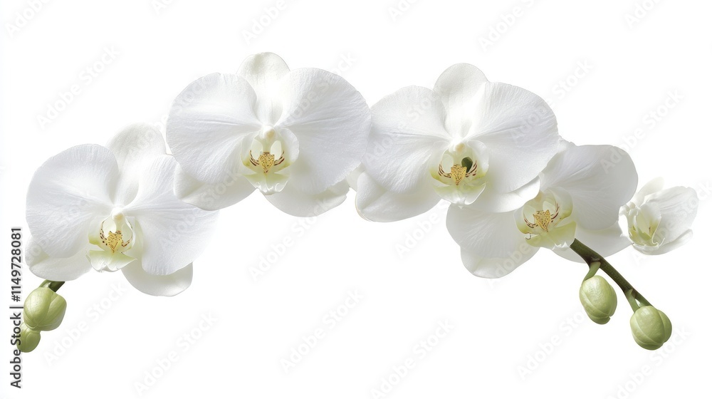 Obraz premium Elegant white phalaenopsis orchids arranged in an arc on a white background.