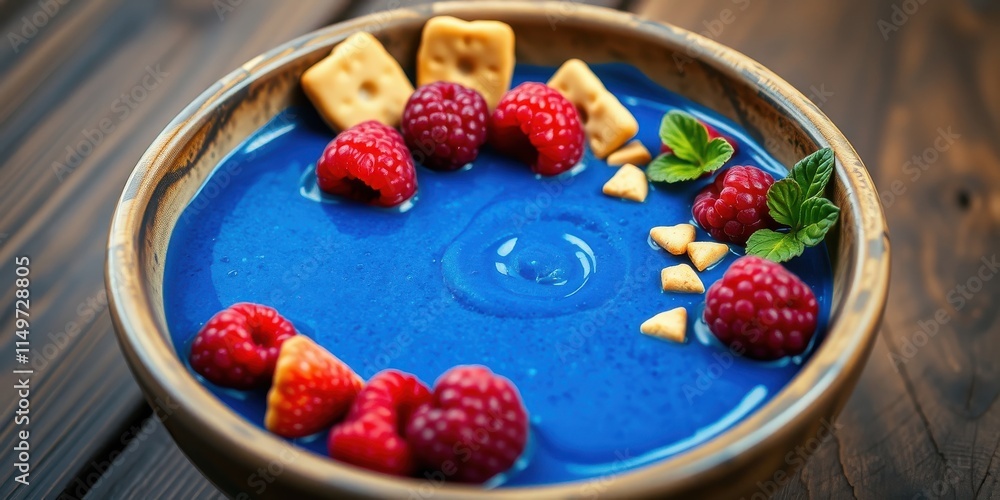 Vibrant Blue Smoothie Bowl with Raspberries and Crunchy Biscuits A Healthy and Delicious Breakfast or Snack Option Vibrant Blue Smoothie Bowl with Raspberries and Crunchy Biscuits A Healthy and Delicious Breakfast or Snack Option