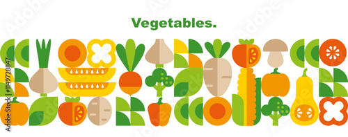 Vegetables. Organic food. Abstract geometric banner template. Seamless border. Set of simple icons in flat style. Elements isolated on white background. Vector illustration.
