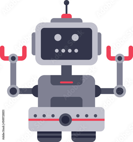 Cartoon robot waving with claw hands, featuring an antenna on its head, a screen face and a camera on its chest, embodies a playful and futuristic concept