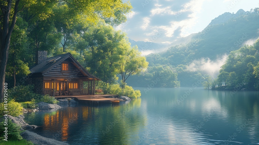 Secluded cabin, tranquil lake, misty mountains. Secluded cabin, tranquil lake, misty mountains.