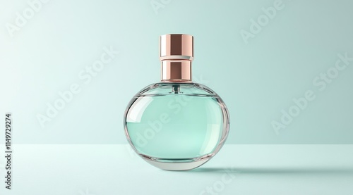 Round glass perfume bottle with rose gold cap on light green background.