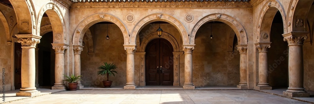 Fototapeta premium Arches in Spanish courtyard with intricate stone carvings, classical, architecture, gothic