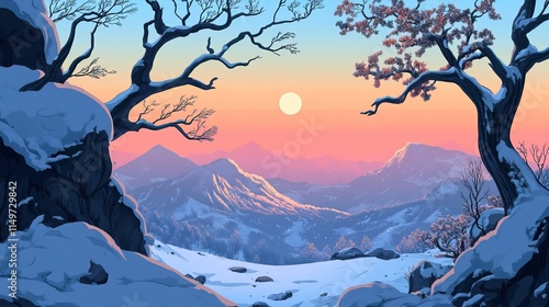 Stunning winter snow scene with mountains, trees, and moon in vector background illustration. Snow mountain landscape, flat cartoon winter design, detailed vector art photo