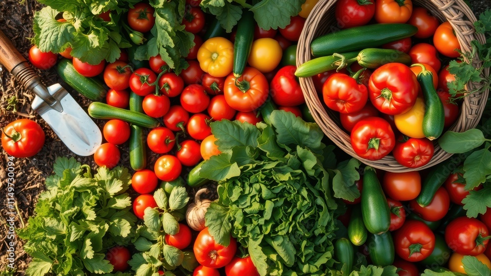 A bountiful harvest of freshly picked tomatoes, zucchini, and leafy greens, showcasing the vibrant colors and textures of homegrown vegetables A bountiful harvest of freshly picked tomatoes, zucchini, and leafy greens, showcasing the vibrant colors and textures of homegrown vegetables