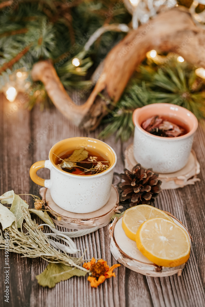 Cozy winter vibes with herbal tea, dried citrus slices, and seasonal decor – Christmas lights and fir tree branches Cozy winter vibes with herbal tea, dried citrus slices, and seasonal decor – Christmas lights and fir tree branches