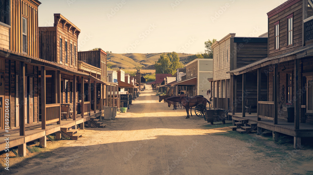 Obraz premium Rustic Old-Western Town with Wooden Structures Lining a Dusty Dirt Street, Capturing the Charm of the Wild West in Ultra-Quality Detail, Highlighting the Historical Atmosphere and Timeless Architectur