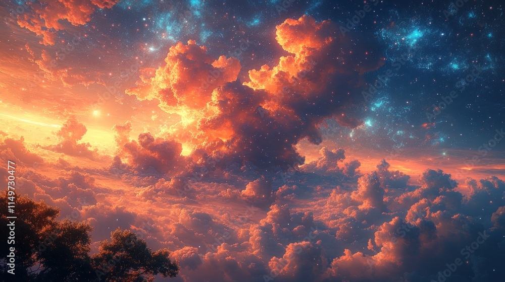 Fototapeta premium Fiery sunset clouds, starry night sky, breathtaking view.