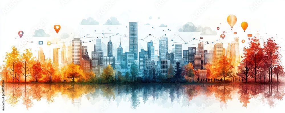 Fototapeta premium Autumn cityscape with skyline, trees, and digital data connections