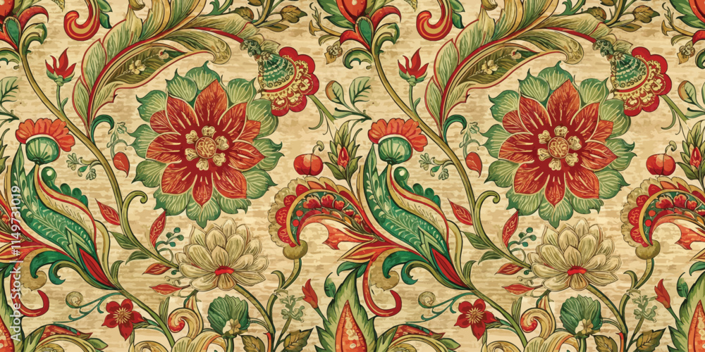 Vibrant floral pattern featuring red and green motifs on a textured background. Vibrant floral pattern featuring red and green motifs on a textured background.