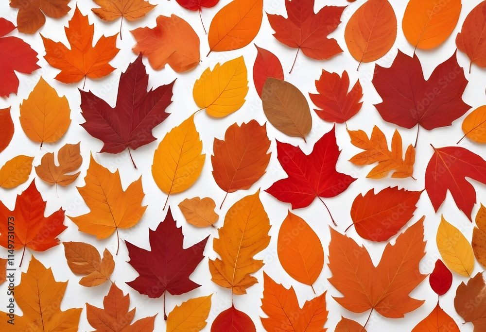 Obraz premium Various autumn leaves in shades of orange, red, and brown arranged on a white background. The leaves have different shapes and sizes, showcasing the diversity of fall foliage