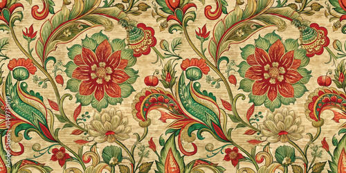 Vibrant floral pattern featuring red and green motifs on a textured background.