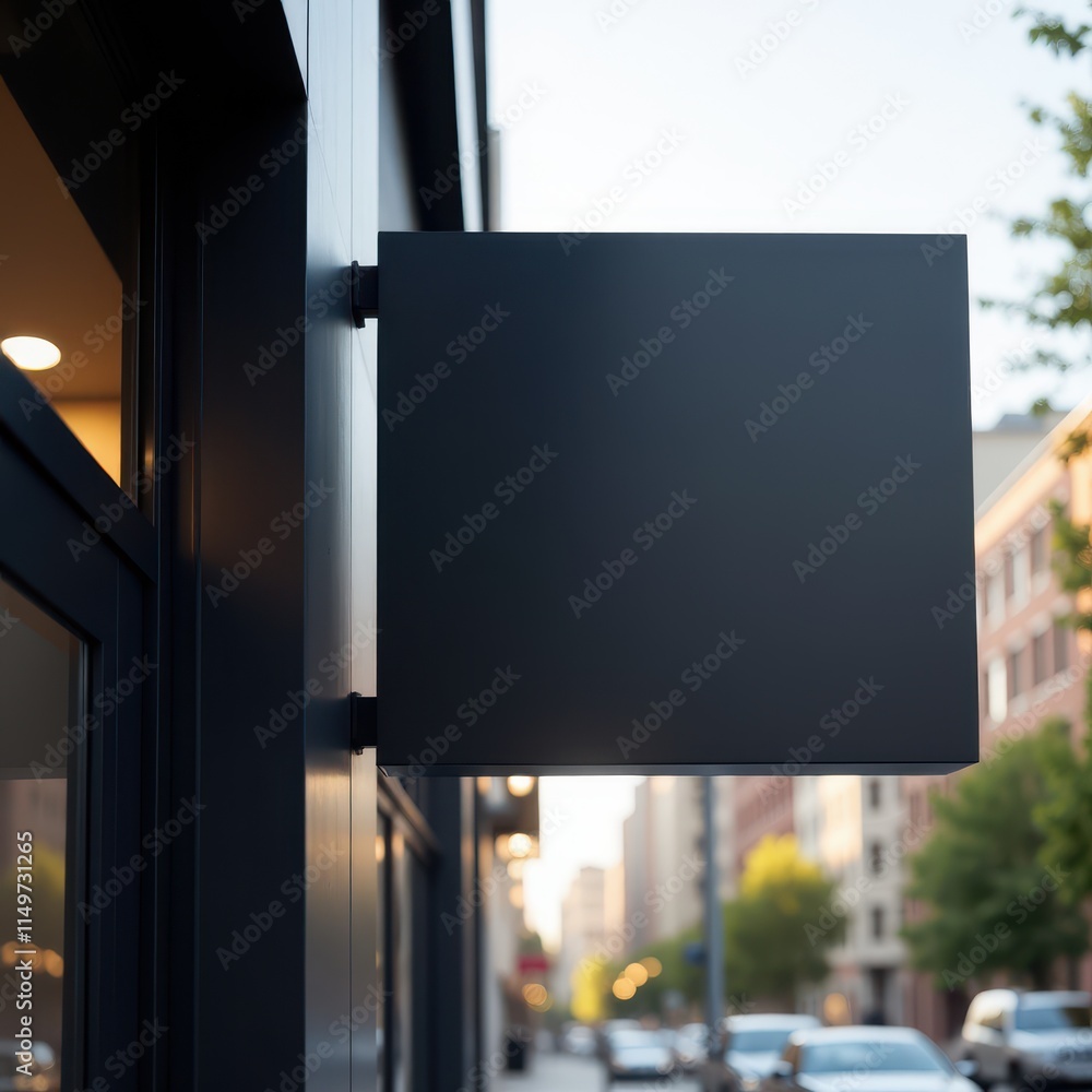 Modern sinage board with sharp, clean edges, mounted on a sleek commercial building, featuring a matte black surface and urban context Modern sinage board with sharp, clean edges, mounted on a sleek commercial building, featuring a matte black surface and urban context