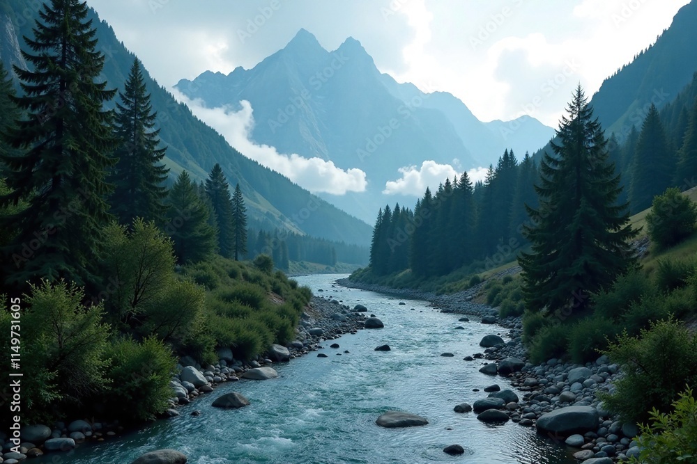 Obraz premium A winding river flows through a dense, misty forest with towering mountain peaks in the background, rocky terrain, serene atmosphere, misty mountains