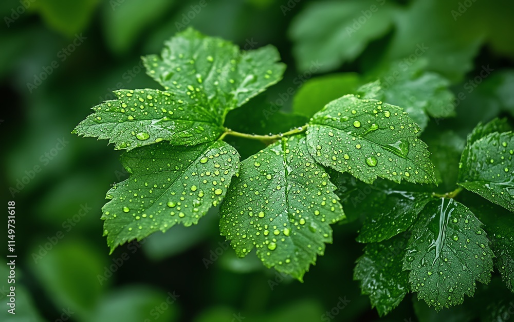 A closeup of raindrops on a vibrant green leaf, with a blurred background, symbolizing freshness and renewal A closeup of raindrops on a vibrant green leaf, with a blurred background, symbolizing freshness and renewal
