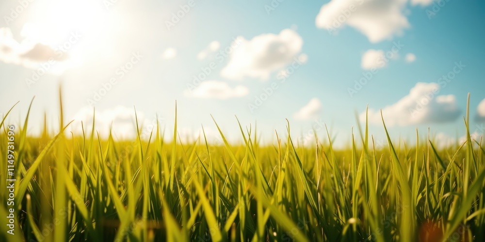 Fototapeta premium A sunny day's vibrant green grass field, a close-up view of nature's beauty under a bright sky with fluffy white clouds.