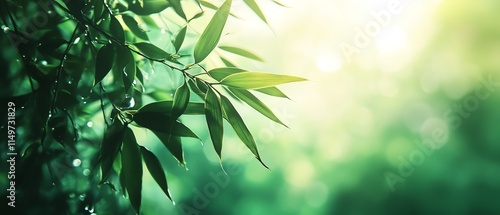 A healthfocused selfcare concept with bamboo leaves in the foreground, and a soft, blurred bokeh green background to inspire peace and renewal photo