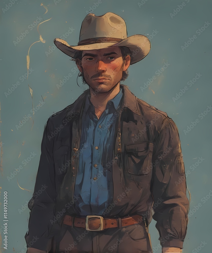 Obraz premium Title: Determined Cowboy Standing in a Field