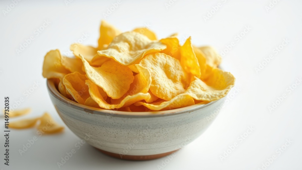 A bowl of crispy, golden-colored, thin potato chips ready to be enjoyed as a crunchy snack A bowl of crispy, golden-colored, thin potato chips ready to be enjoyed as a crunchy snack