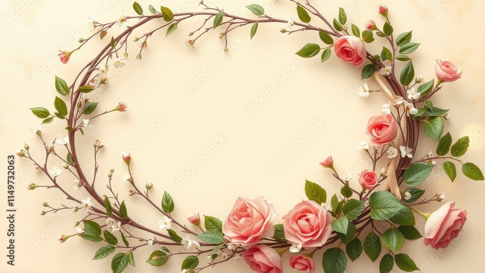 Fototapeta premium Delicate Pink Roses and White Blossoms Arranged in a Circular Frame on a Pale Background
