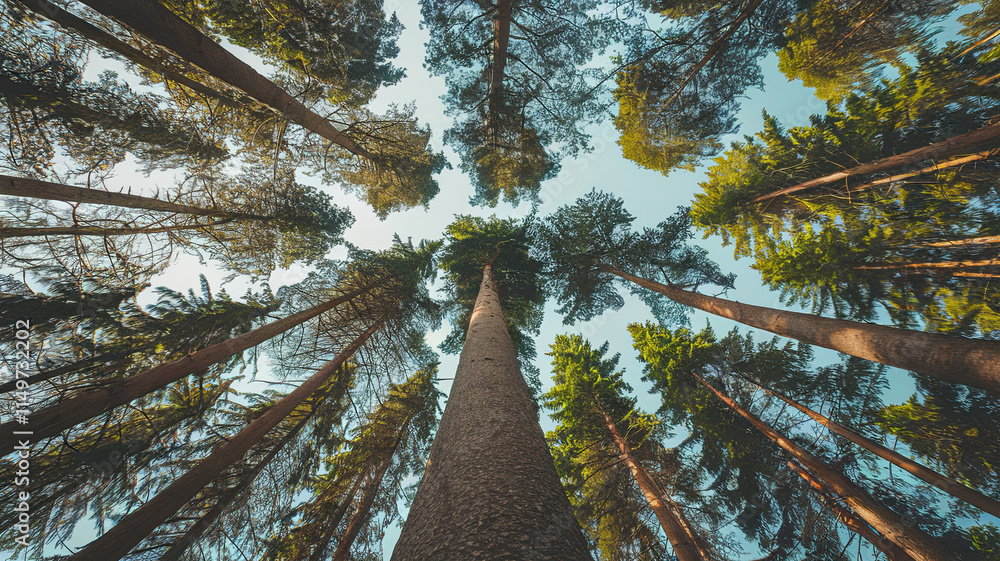 Obraz premium Mesmerizing View of Dense Forest with Tall Trees Converging Towards the Sky, Captured from Ground Perspective, Forming a Circular Pattern with Dense Green Canopy and Skylight Peeking 