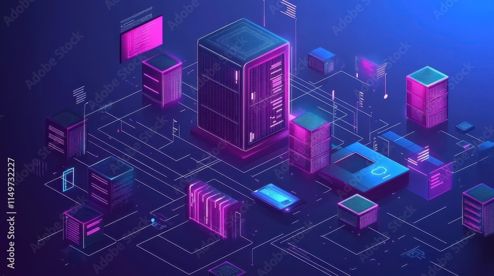 Futuristic Data Center Network Isometric 3D Render. Futuristic Data Center Network Isometric 3D Render.