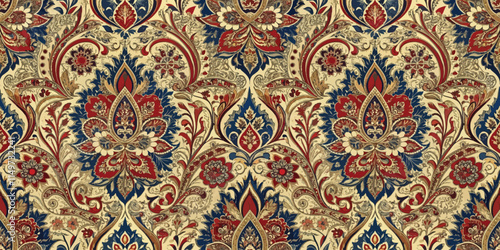 Intricate floral damask pattern in rich colors of red, blue, and cream.