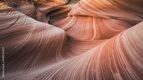 Mesmerizing Geological Formation with Wave-Like Patterns in Vibrant Red, Orange, and Beige Shades, Intricately Layered to Reflect Sediment Deposition Over Millennia, Set in an Arid Canyon-Like  photo