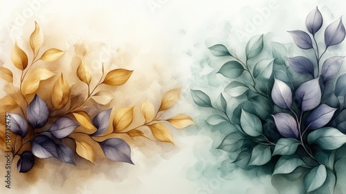 Watercolor painting of gold and teal leaves.