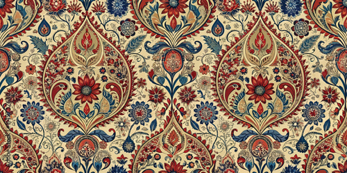 Elegant floral paisley pattern in vibrant reds and blues