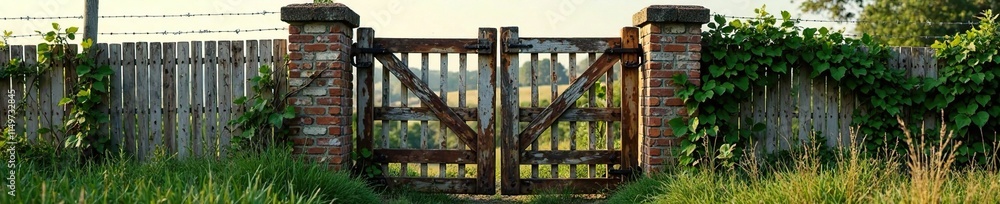 Barbed wire fence and gate with old wooden slats and vines covering the wood, worn, rusty gates, rural Barbed wire fence and gate with old wooden slats and vines covering the wood, worn, rusty gates, rural