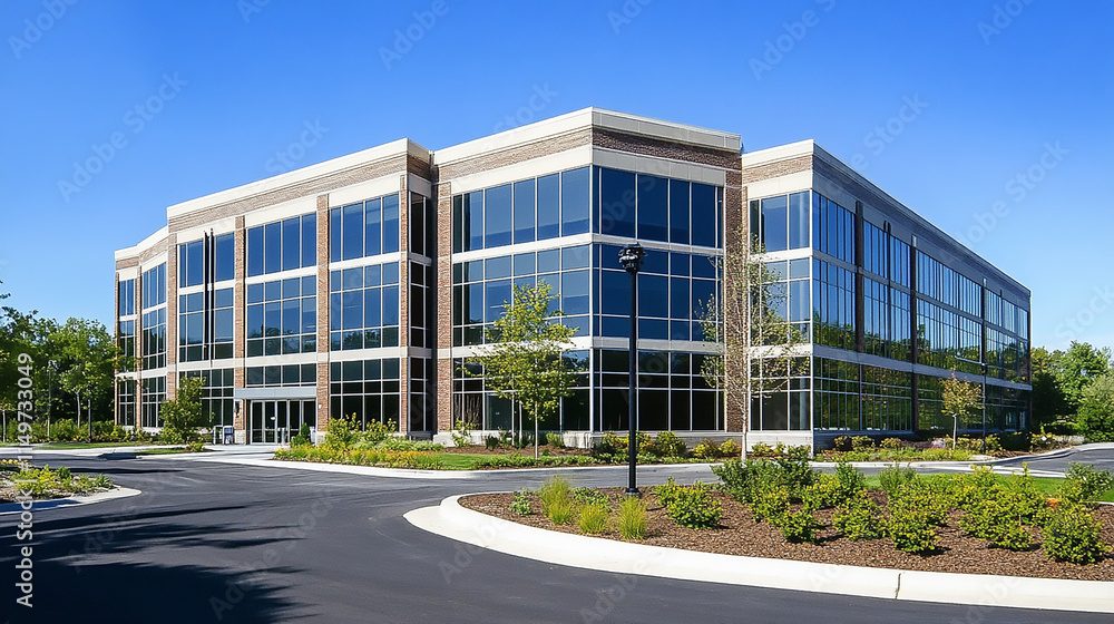 Modern glass office building with landscaped grounds at dusk. Modern glass office building with landscaped grounds.
Modern glass office building with landscaped grounds at dusk. Modern glass office building with landscaped grounds.